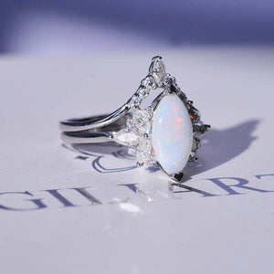 2 Carat Marquise White Opal 14K Solid Gold Ring Set 12x6mm Marquise Genuine Natural White Opal Vintage Wedding Ring. Engagement Ring Anniversary Ring, Marquise Side Stones Ring Set