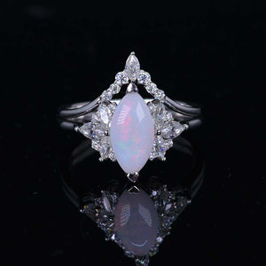 2 Carat Marquise White Opal 14K Solid Gold Ring Set 12x6mm Marquise Genuine Natural White Opal Vintage Wedding Ring. Engagement Ring Anniversary Ring, Marquise Side Stones Ring Set