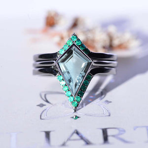 14K White Gold 3 Carat Kite Aquamarine Bezel Engagement Ring, Emerald Three Rings Set