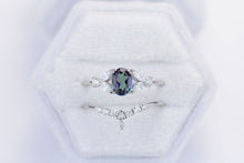 Load image into Gallery viewer, Rhodium Plated Silver Dainty Alexandrite Ring Set, 1ct Oval Cut Alexandrite Ring Set, Silver Ring Unique Curved Marquise Cut Ring Set. Ready To Ship
