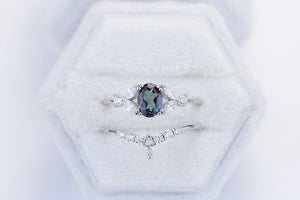 Rhodium Plated Silver Dainty Alexandrite Ring Set, 1ct Oval Cut Alexandrite Ring Set, Silver Ring Unique Curved Marquise Cut Ring Set. Ready To Ship