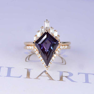 14K Gold 5 Carat Kite Alexandrite Halo Engagement Ring, Eternity Ring Set. Fairy Tale Nontraditional Ring