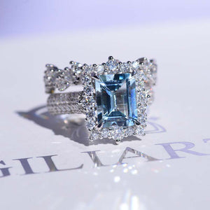 3Ct Natural Aquamarine Engagement Ring. Halo Emerald Cut Genuine Aquamarine Engagement Ring, 9x7mm Step Cut Aquamarine Engagement Ring with Eternity Band