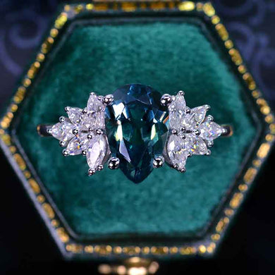 3CT Pear Shape Teal Sapphire Engagement Ring Set, 3 Carat Pear Floral Twig Design 14K White Gold,