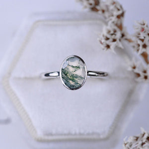 Carat Oval Genuine Moss Agate Bezel Set  Engagement Ring