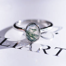 Load image into Gallery viewer, 3 Carat Oval Genuine Moss Agate Bezel Set Gold Engagement Ring
