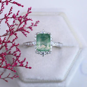 3Carat Radiant Cut Genuine Moss Agate Halo Gold Engagement Ring