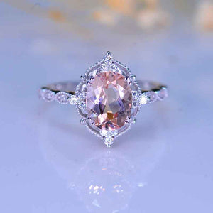 2 Carat Oval Peach Morganite Halo Vintage Engagement Ring