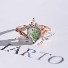 Load image into Gallery viewer, 2 Carat Pear Genuine Moss Agate Floral Gold Ring
