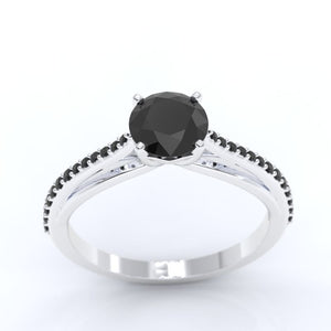1.0 Carat Black Moissanite and Diamond Engagement Ring  14K White Gold  Ring-0.5 C.T.W