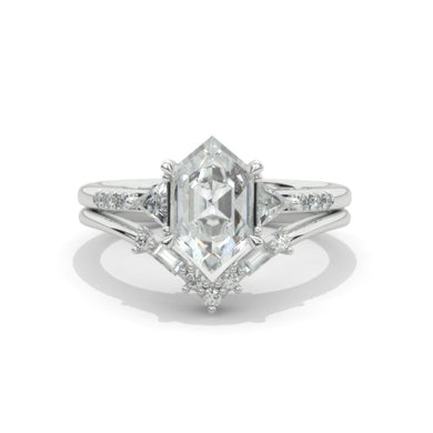 14K White Gold 3 Carat Hexagon Moissanite Halo Engagement Ring, Eternity Ring Set