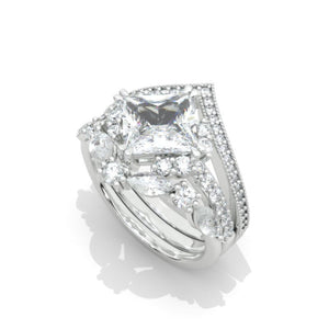 14K White Gold 1.9 Carat Princess Moissanite Halo Engagement Ring Eternity Ring Set