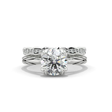 14K White Gold 2 Carat Round Moissanite Floral Engagement Ring, Eternity Ring Set