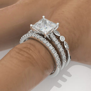 14K White Gold 2 Carat Princess Cut Moissanite Engagement Ring Eternity Ring Set