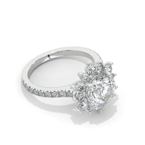 2 Carat Round Moissanite Snowflake Halo Engagement Ring. Victorian 14K White Gold Ring