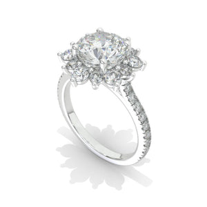 2 Carat Round Moissanite Snowflake Halo Engagement Ring. Victorian 14K White Gold Ring