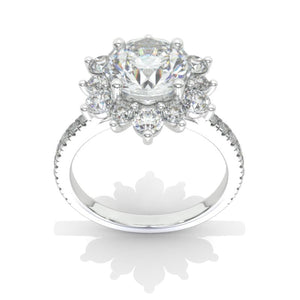 2 Carat Round Moissanite Snowflake Halo Engagement Ring. Victorian 14K White Gold Ring