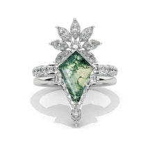 Load image into Gallery viewer, 3 Carat Kite Moss Agate Engagement Ring. 3CT Fancy Shape Moss Agate Ring Set
