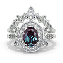 Load image into Gallery viewer, Oval Alexandrite Halo 14K White Gold  Engagement Ring, Eternity Ring Set
