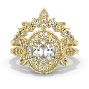 Oval Moissanite Halo 14K White Gold  Engagement Ring, Eternity Ring Set