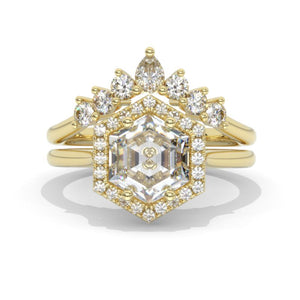 4 Carat Hexagon Moissanite Halo 14K White Gold Engagement Ring, Eternity Ring Set
