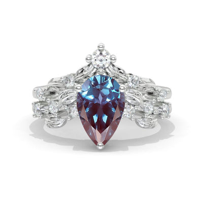 3 Carat Pear Alexandrite Halo Floral Engagement 14K White Gold  Ring Eternity Ring Set