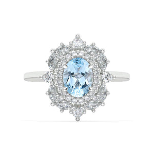 1.5 Carat Genuine Aquamarine Double Halo 14K White Gold Engagement Promissory Ring