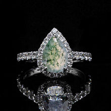 Load image into Gallery viewer, 14K Solid White Gold 3 Carat Halo Pear Cut Genuine Moss Agate Ring
