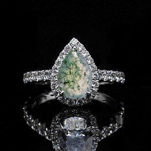 14K Solid White Gold 3 Carat Halo Pear Cut Genuine Moss Agate Ring