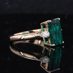 4 Carat Giliarto Elongated Emerald Cut Green Moissanite Gold Engagement Ring