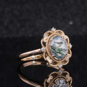 14K Rose Gold 2 Carat Oval  Genuine Moss Agate Halo Vintage Engagement Ring