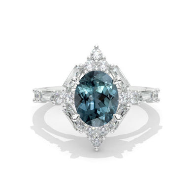 14K Solid Gold Ring 2CT Oval Halo Teal Sapphire Vintage Wedding Ring. Engagement Ring Anniversary Ring, Baguette Halo Ring