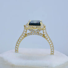 Load image into Gallery viewer, 3 Carat Halo Emerald Cut Teal Sapphire 14K White Gold Engagement Ring Set.
