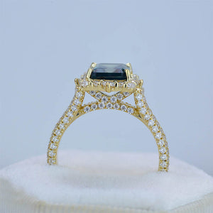 3 Carat Halo Emerald Cut Teal Sapphire 14K White Gold Engagement Ring Set.