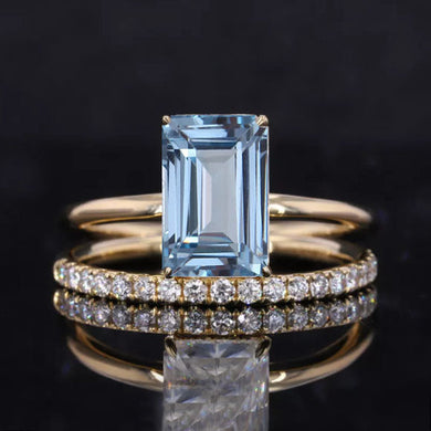 3Ct Aquamarine Engagement Ring Halo Elongated Radiant Cut Aquamarine Engagement Ring, 9x7mm Elongated Emerald Cut Aquamarine Engagement Ring with Eternity Band