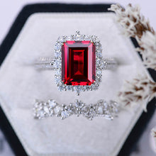 Load image into Gallery viewer, 3Ct Ruby Engagement Ring Halo Emerald Cut Ruby Engagement Ring, 9x7mm Step Cut Ruby Engagement Ring with Eternity Band
