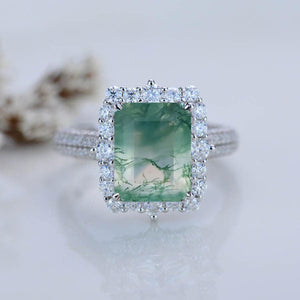 3Ct Genuine Moss Agate Engagement Ring Halo Emerald Step Cut Moss Agate Engagement Ring