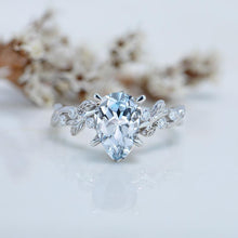 Load image into Gallery viewer, 3 Carat Aquamarine Pear Cut Floral Gold Engagement Ring
