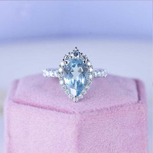 3 Carat Pear Cut Halo Genuine Natural Aquamarine 14K White Gold Ring