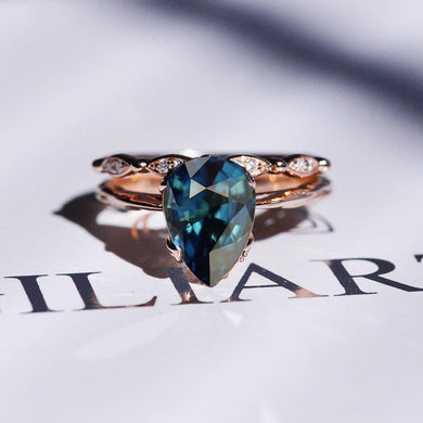 3 Carat Pear Teal Sapphire Engagement Eternity Rose Gold Ring Set