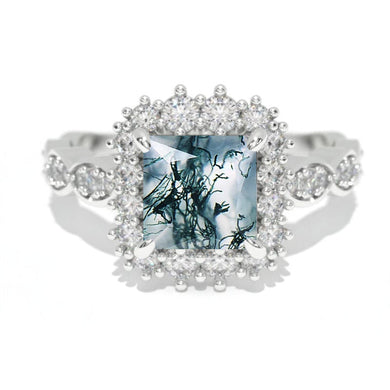14K White Gold 1.5 Carat Princess Genuine Moss Agate Halo Engagement Ring