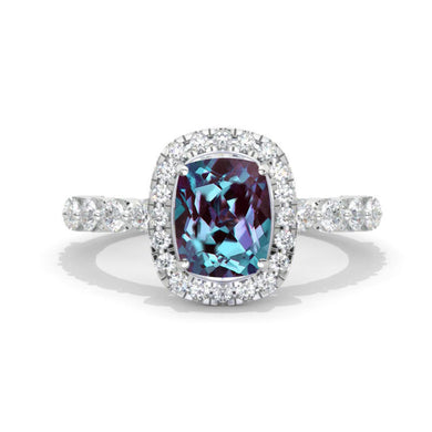 2 Carat 9x7mm Cushion Cut Vintage Style Halo Alexandrite White Gold Engagement Ring