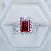 Load image into Gallery viewer, 3Ct Ruby Engagement Ring Halo Emerald Cut Ruby Engagement Ring, 9x7mm Step Cut Ruby Engagement Ring with Eternity Band
