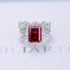 3Ct Ruby Engagement Ring Halo Emerald Cut Ruby Engagement Ring, 9x7mm Step Cut Ruby Engagement Ring with Eternity Band