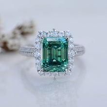 Load image into Gallery viewer, 3Ct Green Moissanite Engagement Ring Halo Emerald Step Cut Moissanite Engagement Ring
