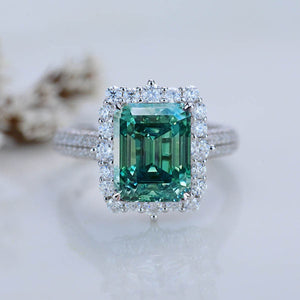 3Ct Green Moissanite Engagement Ring Halo Emerald Step Cut Moissanite Engagement Ring