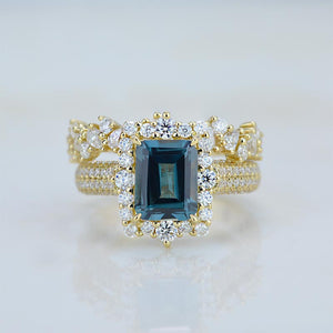 3 Carat Halo Emerald Cut Teal Sapphire 14K White Gold Engagement Ring Set.