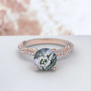 2.0 Carat Genuine Moss Agate Engagement Ring-58 round accents  0.4 TCW 14K White Gold