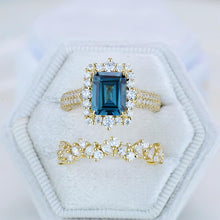 Load image into Gallery viewer, 3 Carat Halo Emerald Cut Teal Sapphire 14K White Gold Engagement Ring Set.
