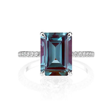 5Ct Alexandrite Engagement Ring, Radiant Cut Shape Dainty Engagement Ring, Alexandrite Hidden Halo Pave Set